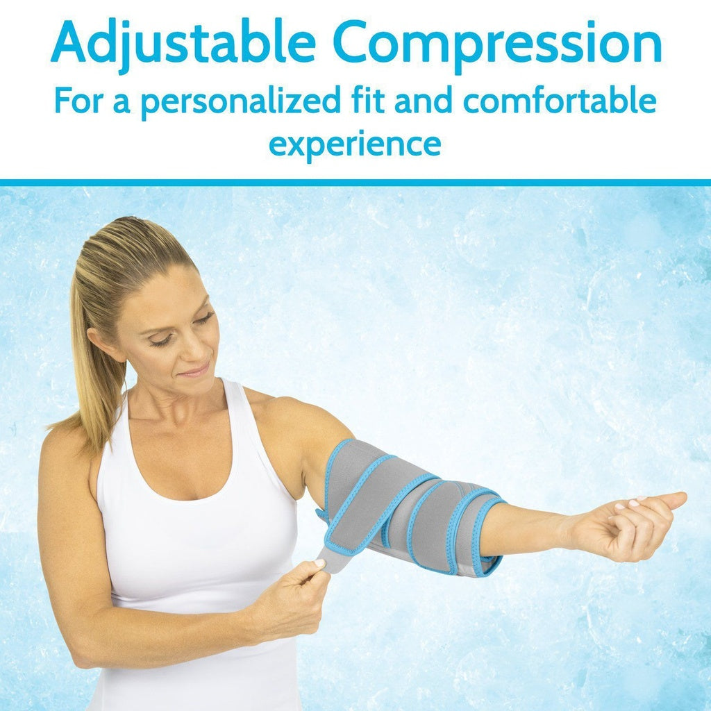 Woman wearing an adjustable compression arm sleeve with text about personalized fit and comfort.
