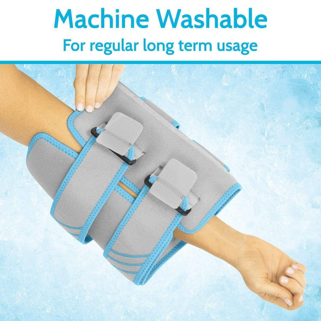 Gray and blue cast brace on a person's arm with text indicating machine washability.
