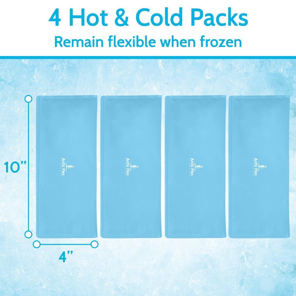 Four hot and cold packs with dimensions on a blue background