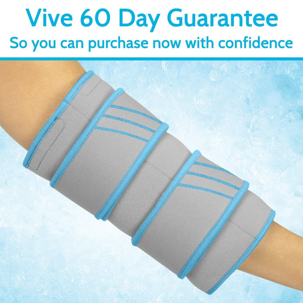 Gray arm brace with blue straps on a light blue background, featuring 'Vive 60 Day Guarantee' text.