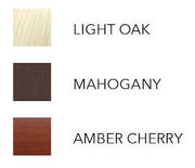Three wood finish swatches labeled Light Oak, Mahogany, and Amber Cherry on a white background.