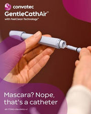 A person holds an open light gray Convatec GentleCathAir catheter package tip against a dark brown background with purple graphic overlays and product text.