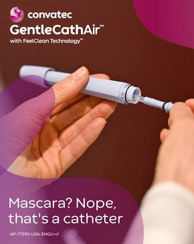 A person holds an open light gray Convatec GentleCathAir catheter package tip against a dark brown background with purple graphic overlays and product text.