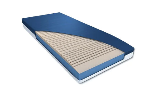 A layered mattress or cushion shown at an angle on a plain white background, with a blue outer layer, a white side edge, and a beige ribbed inner layer exposed by a diagonal cut.