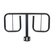 Black metal T-bar handrail support bracket with a mounting plate, shown against a plain white background.