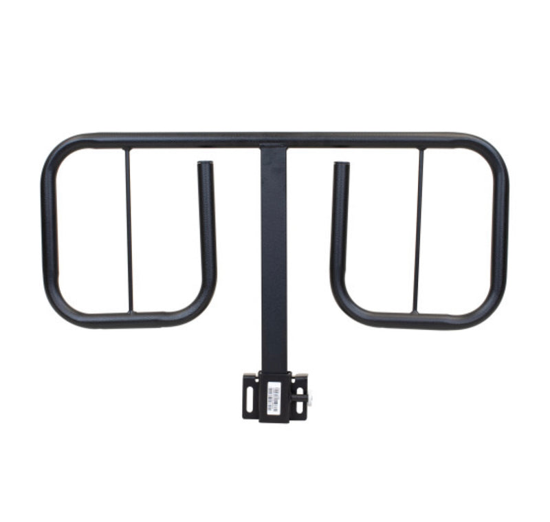 Black metal T-bar handrail support bracket with a mounting plate, shown against a plain white background.