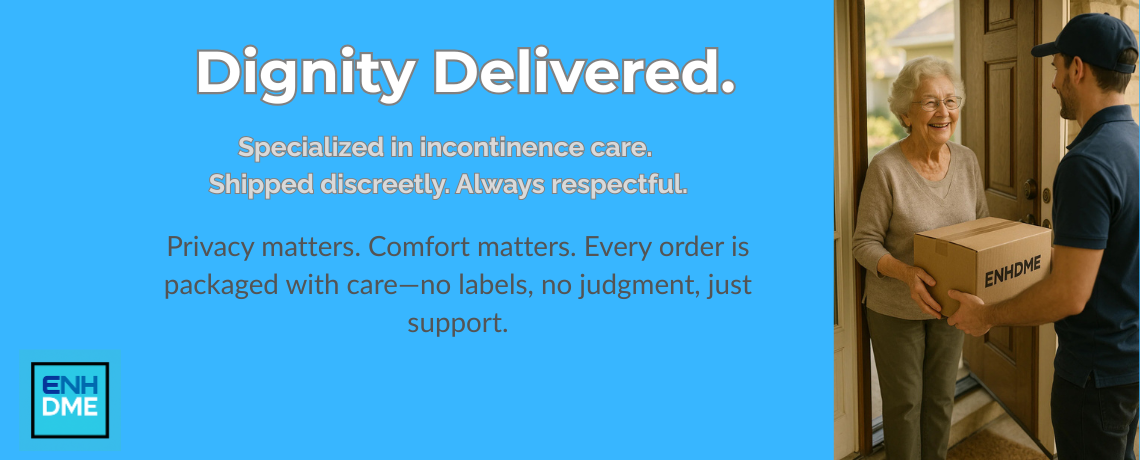 Advertisement for a product delivery service with a man delivering a box to an elderly woman, featuring the text 'Dignity Delivered' and 'ENH DME' logo.