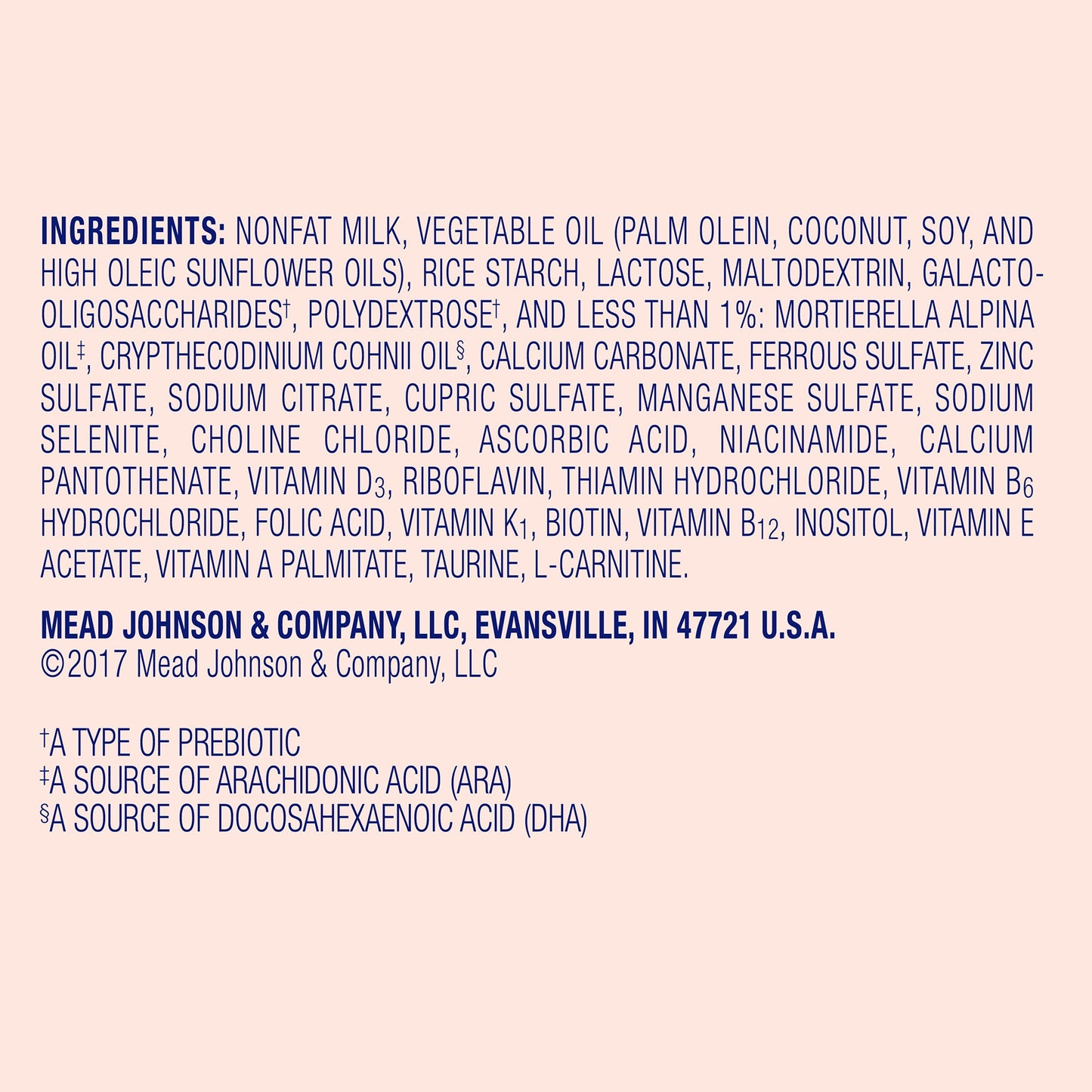 Ingredients list and branding information for a product by Mead Johnson & Company on a light pink background.