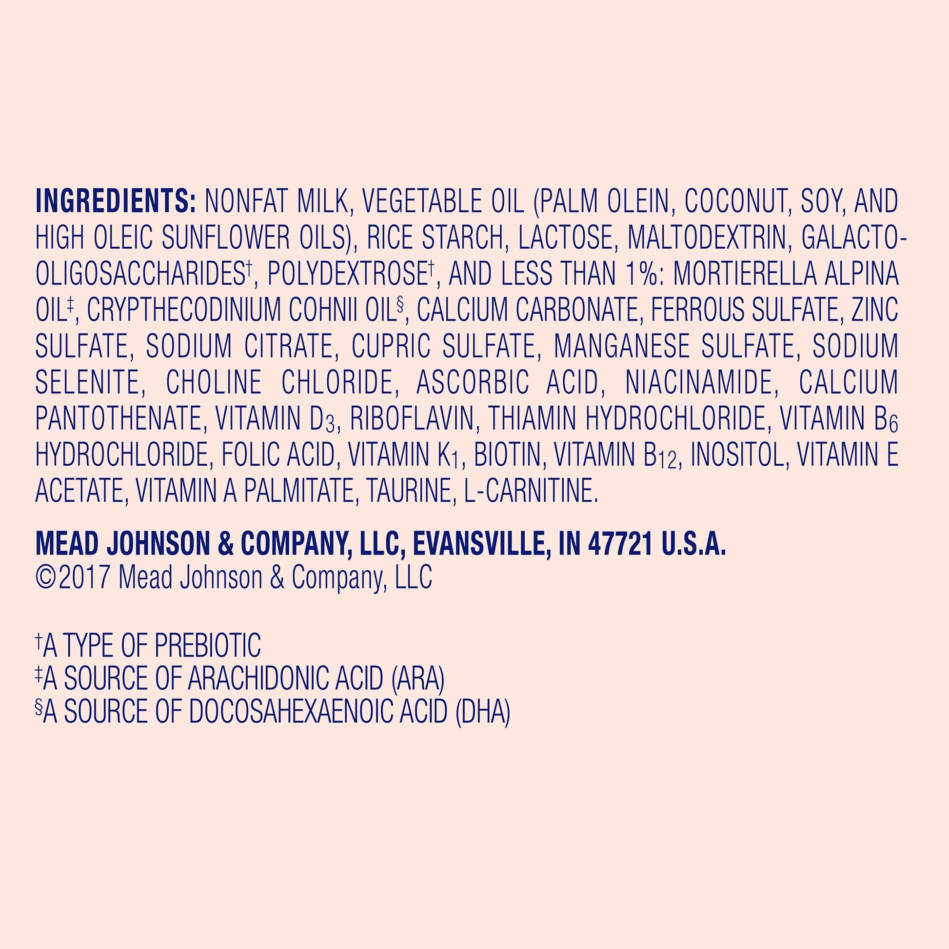 Ingredients list and branding information for a product by Mead Johnson & Company on a light pink background.