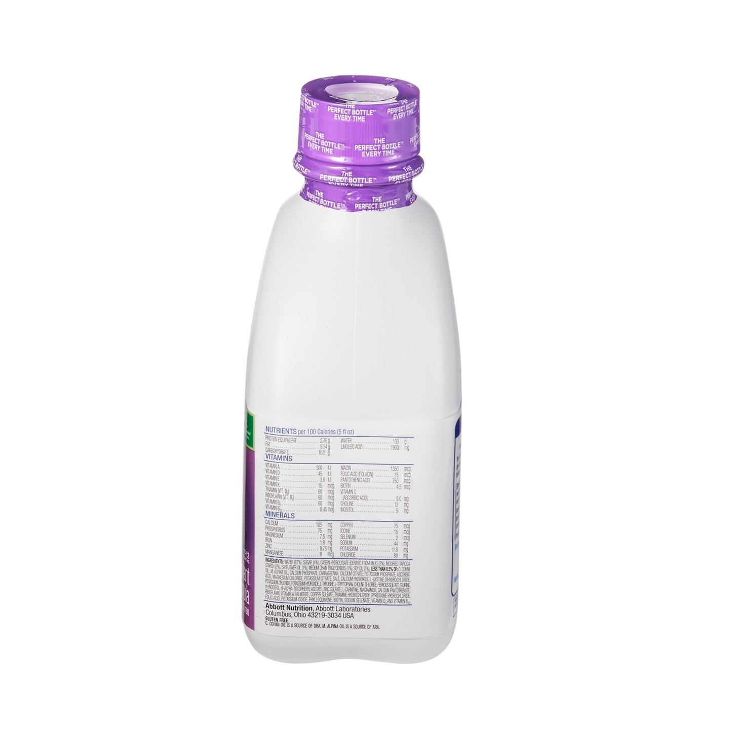 Bottle with purple cap and label on a white background