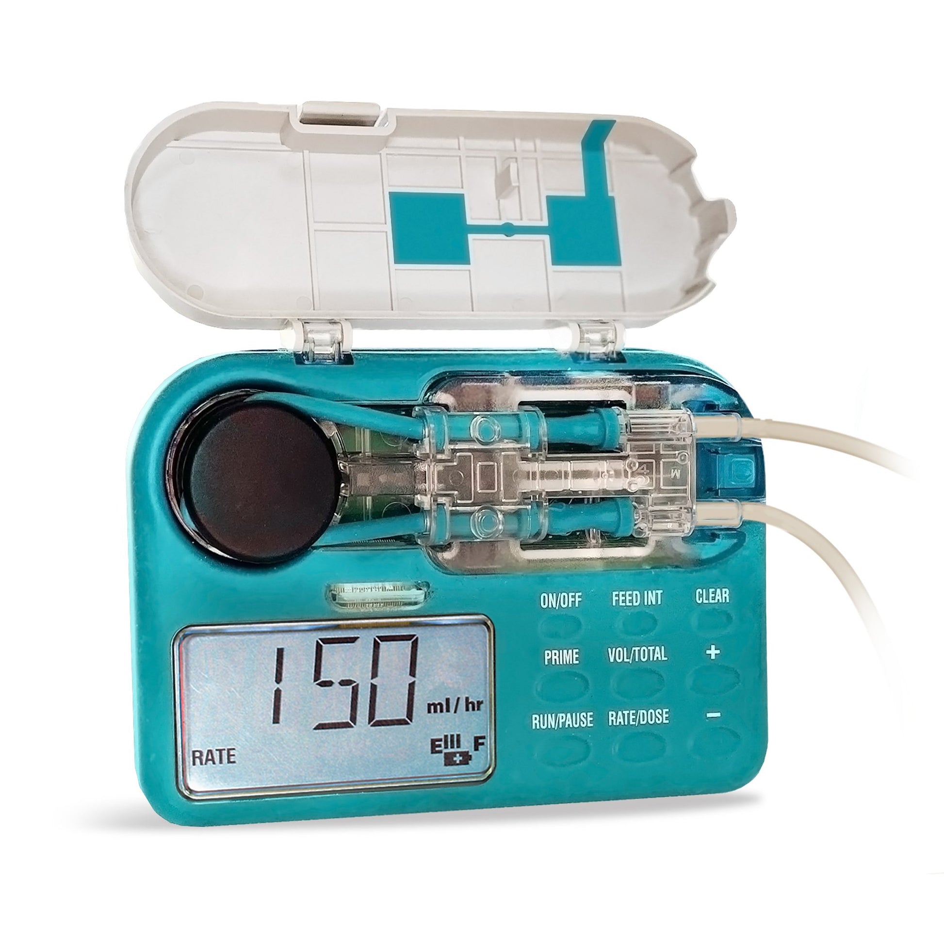 Teal medical device with digital display on a white background