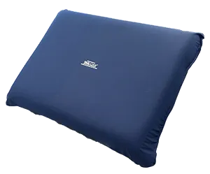 Blue pillow with a brand logo on a white background