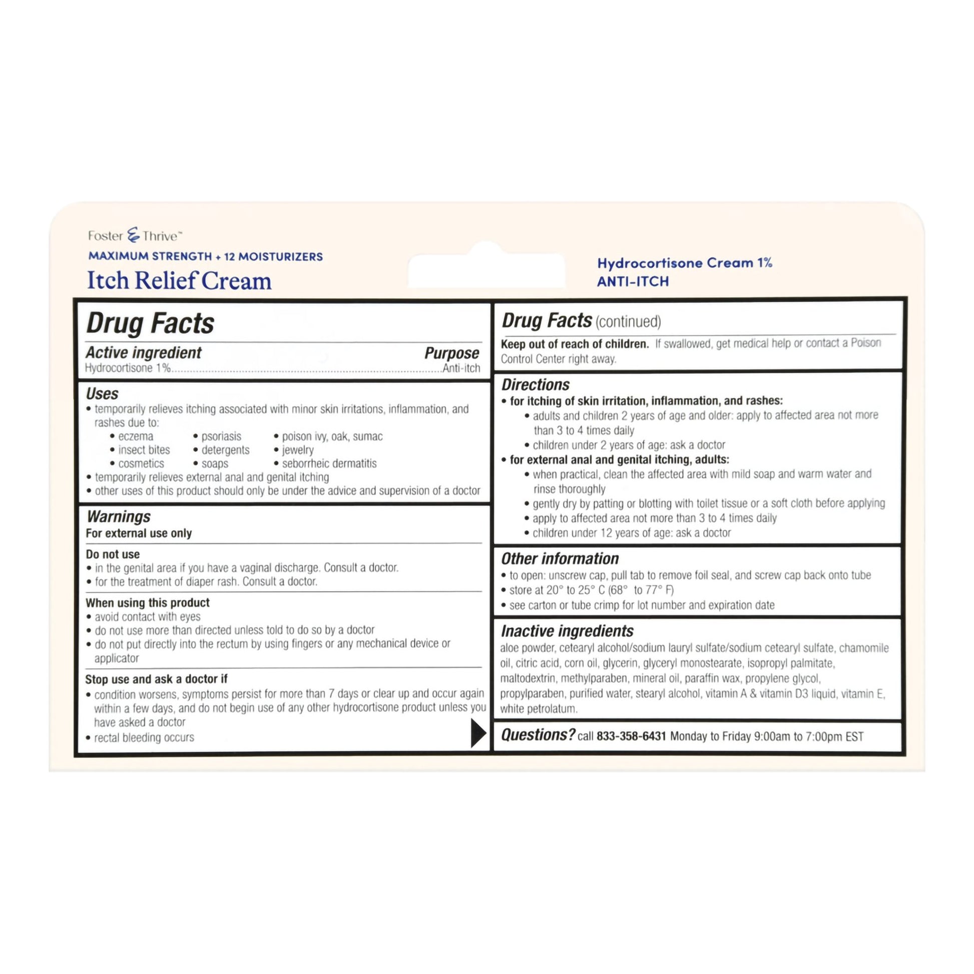 Package insert for Itch Relief Cream with drug facts and directions.