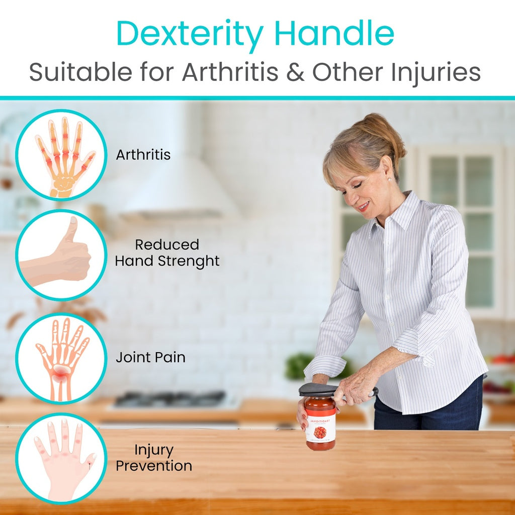 Woman using a jar with a dexterity handle in a kitchen setting, highlighting arthritis, reduced hand strength, joint pain, and injury prevention benefits.