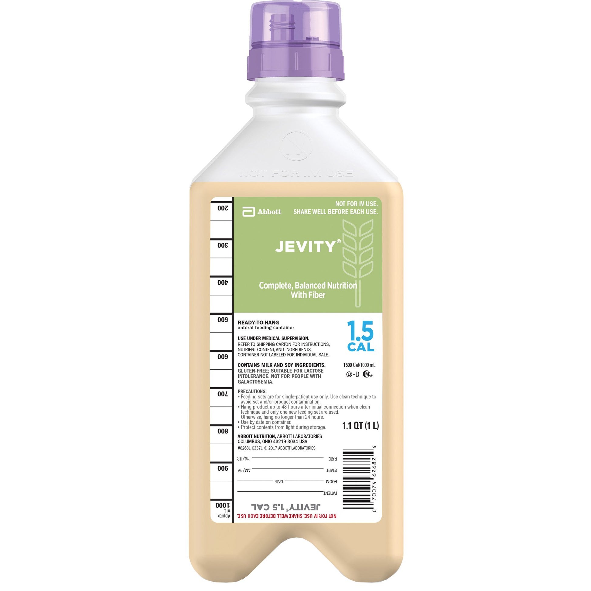 Bottle of Jevity nutritional supplement with a purple cap on a white background