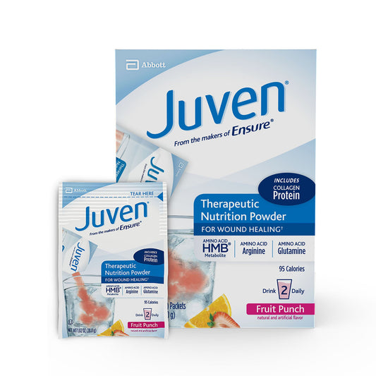 Juven therapeutic nutrition powder packaging with Abbott logo on a white background
