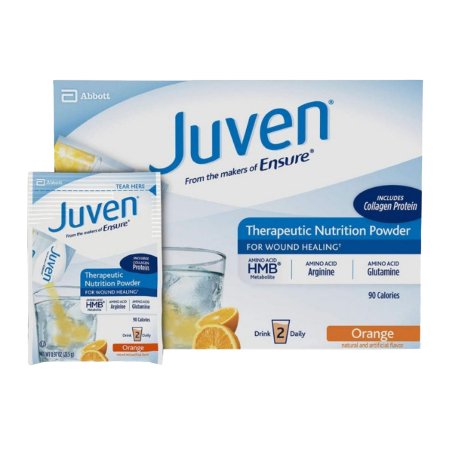 Juven therapeutic nutrition powder packaging with a glass of water and orange slices on a white background