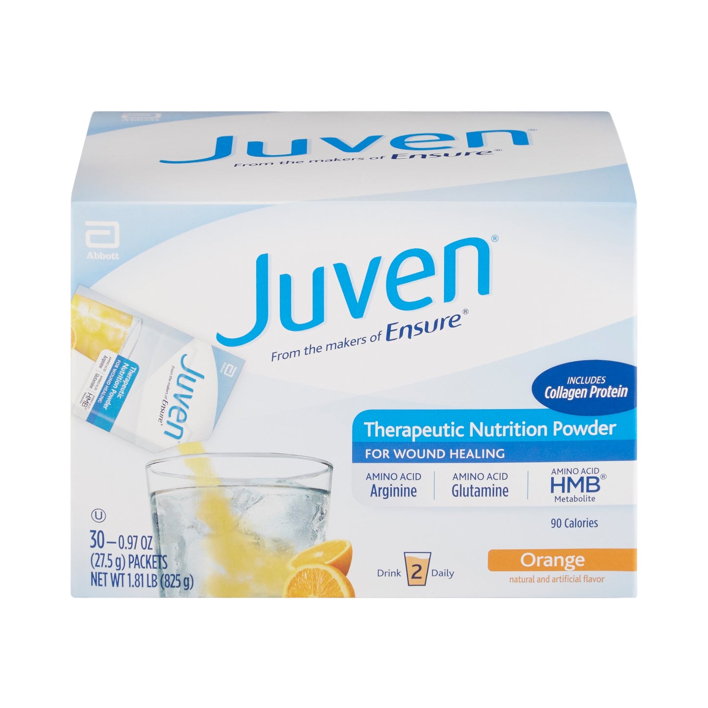 Box of Juven therapeutic nutrition powder with orange flavor on a white background