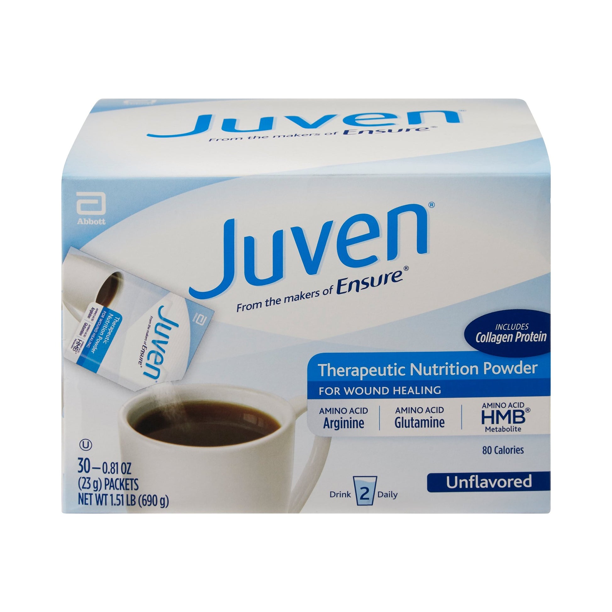 Box of Juven therapeutic nutrition powder with a cup of coffee on a white background