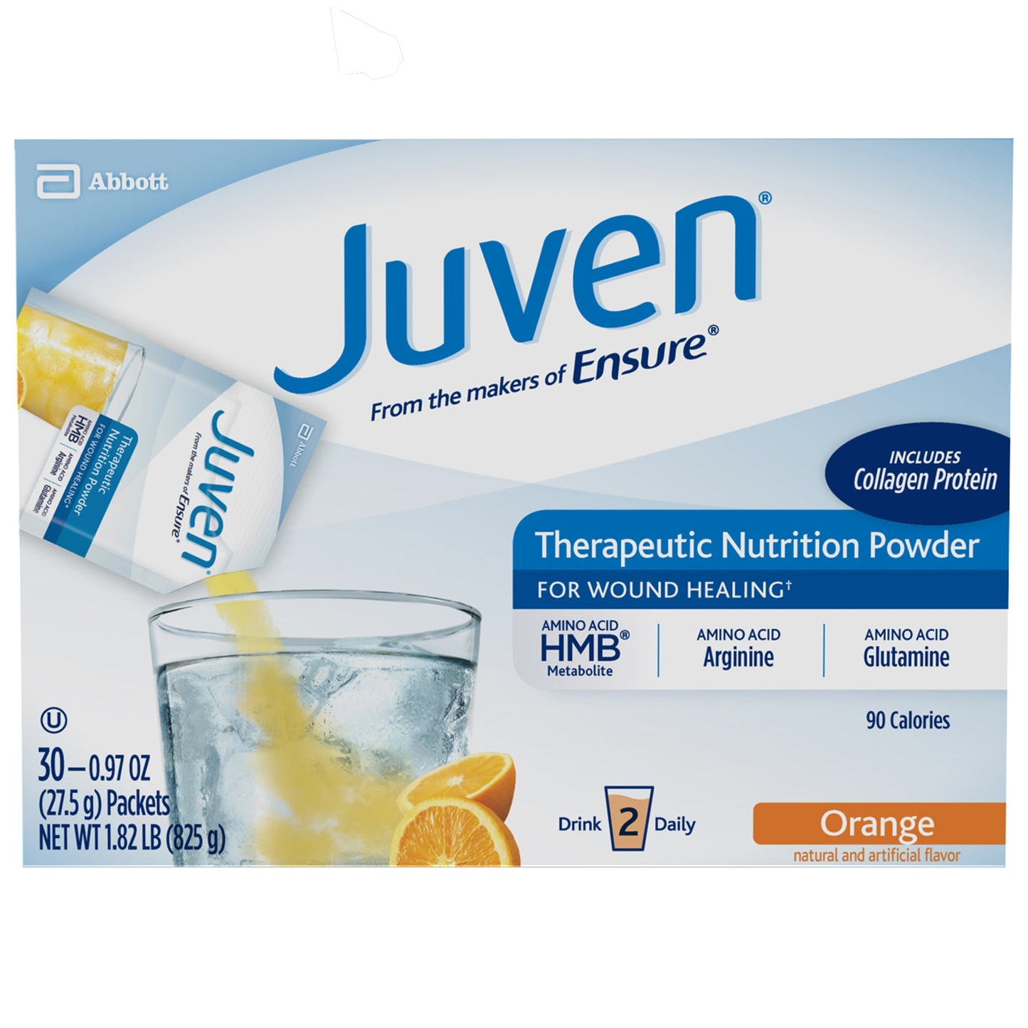 Juven therapeutic nutrition powder packaging with a glass of orange juice on a white background