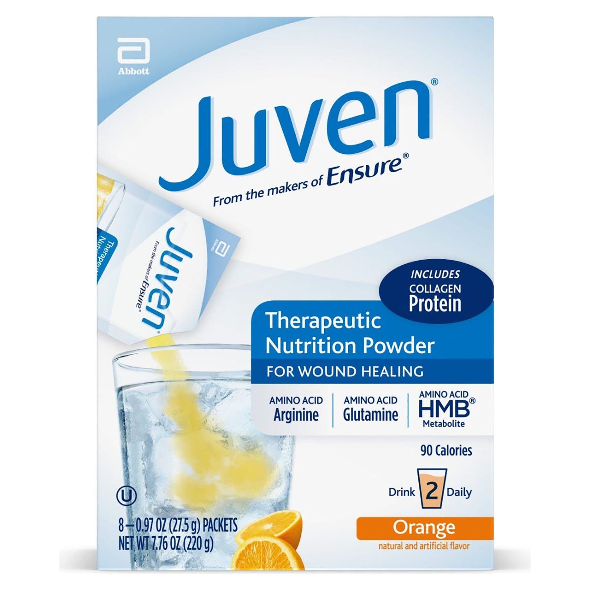 Juven therapeutic nutrition powder packaging with a glass of orange juice on a white background