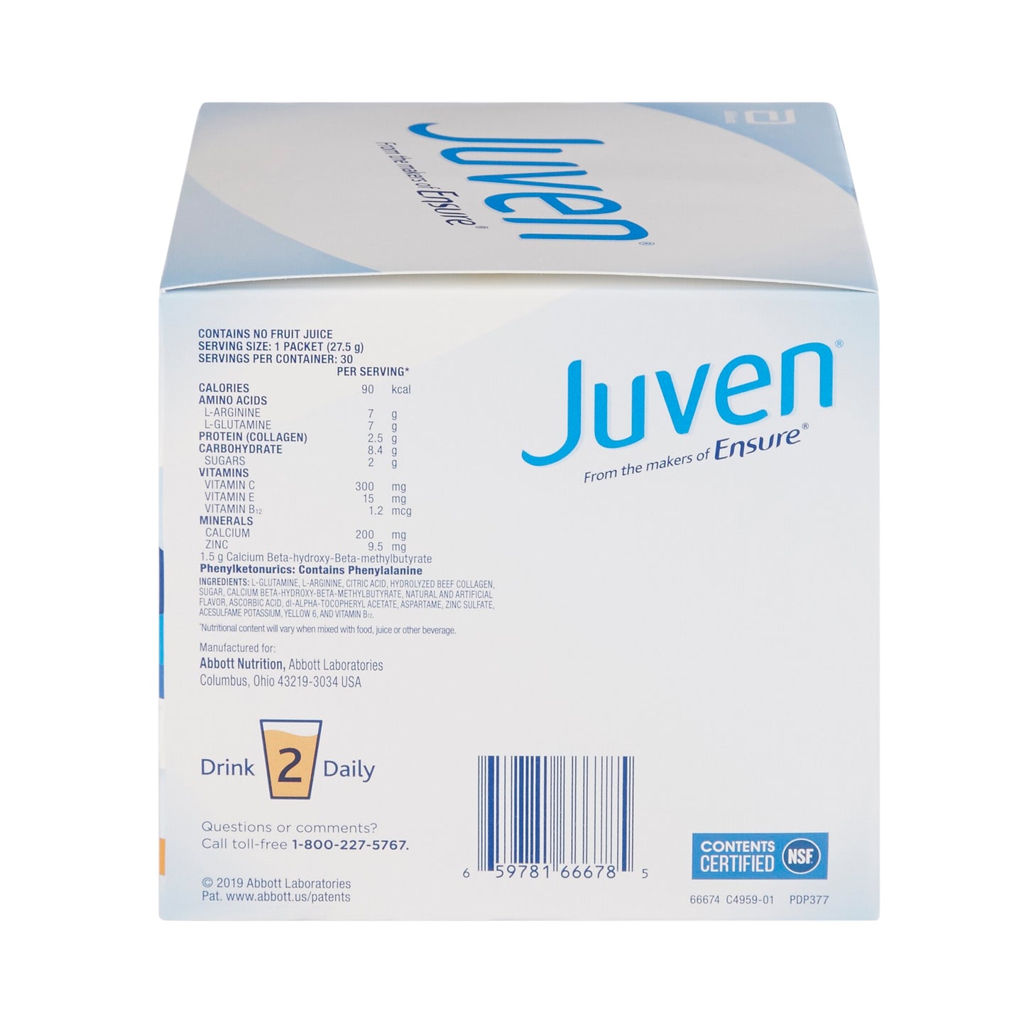Juven Ensure container with nutritional information on a white background