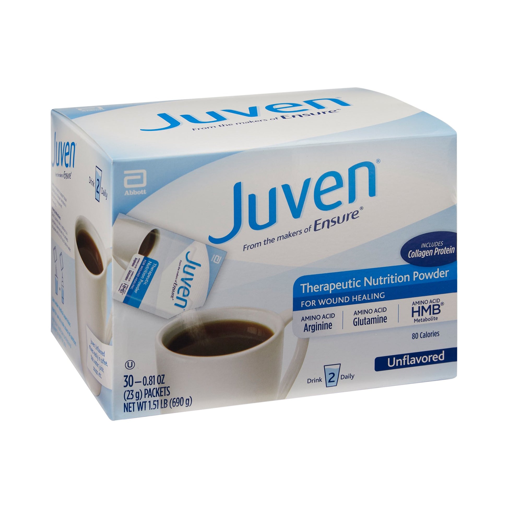 Box of Juven therapeutic nutrition powder with a cup of coffee on a white background