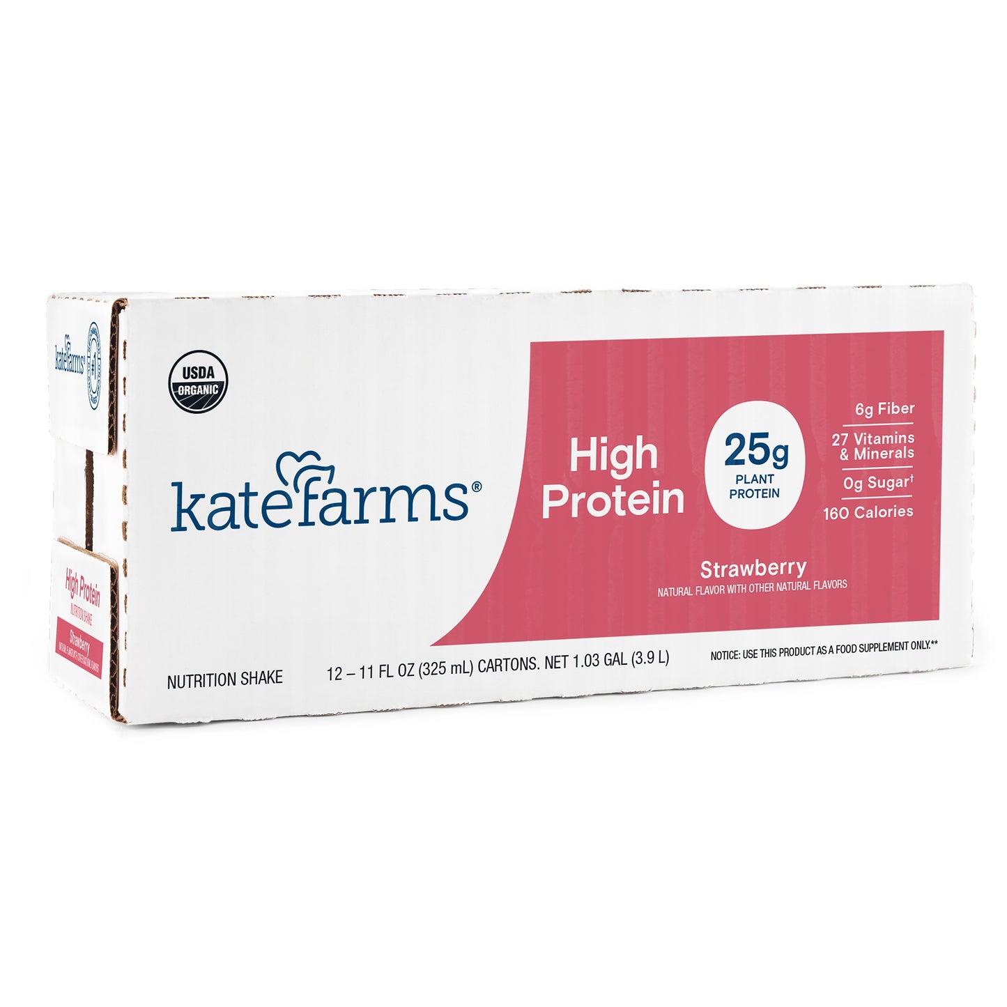 Box of Kate Farms High Protein Strawberry flavor nutrition shake on a white background