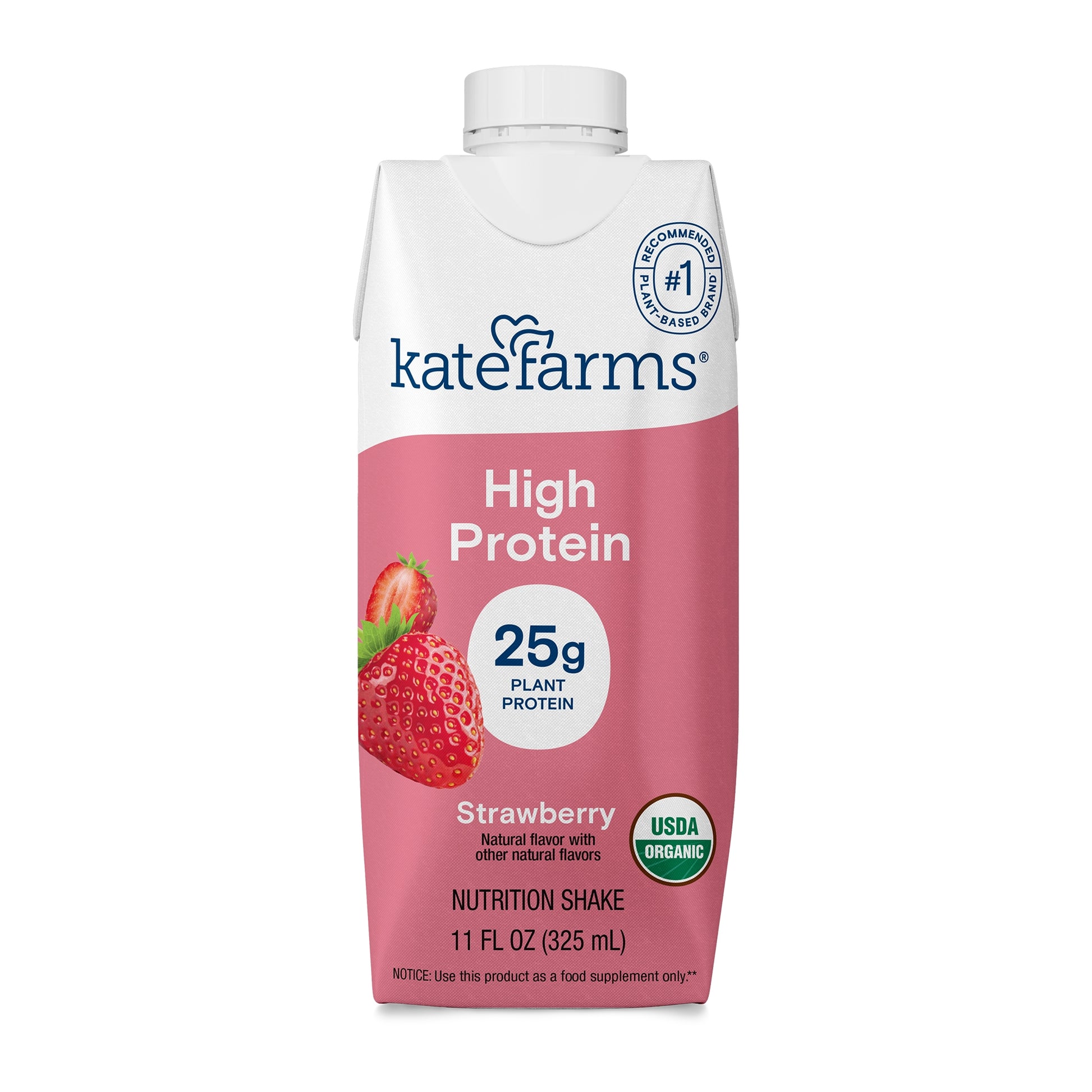 Kate Farms strawberry high protein shake container on a white background