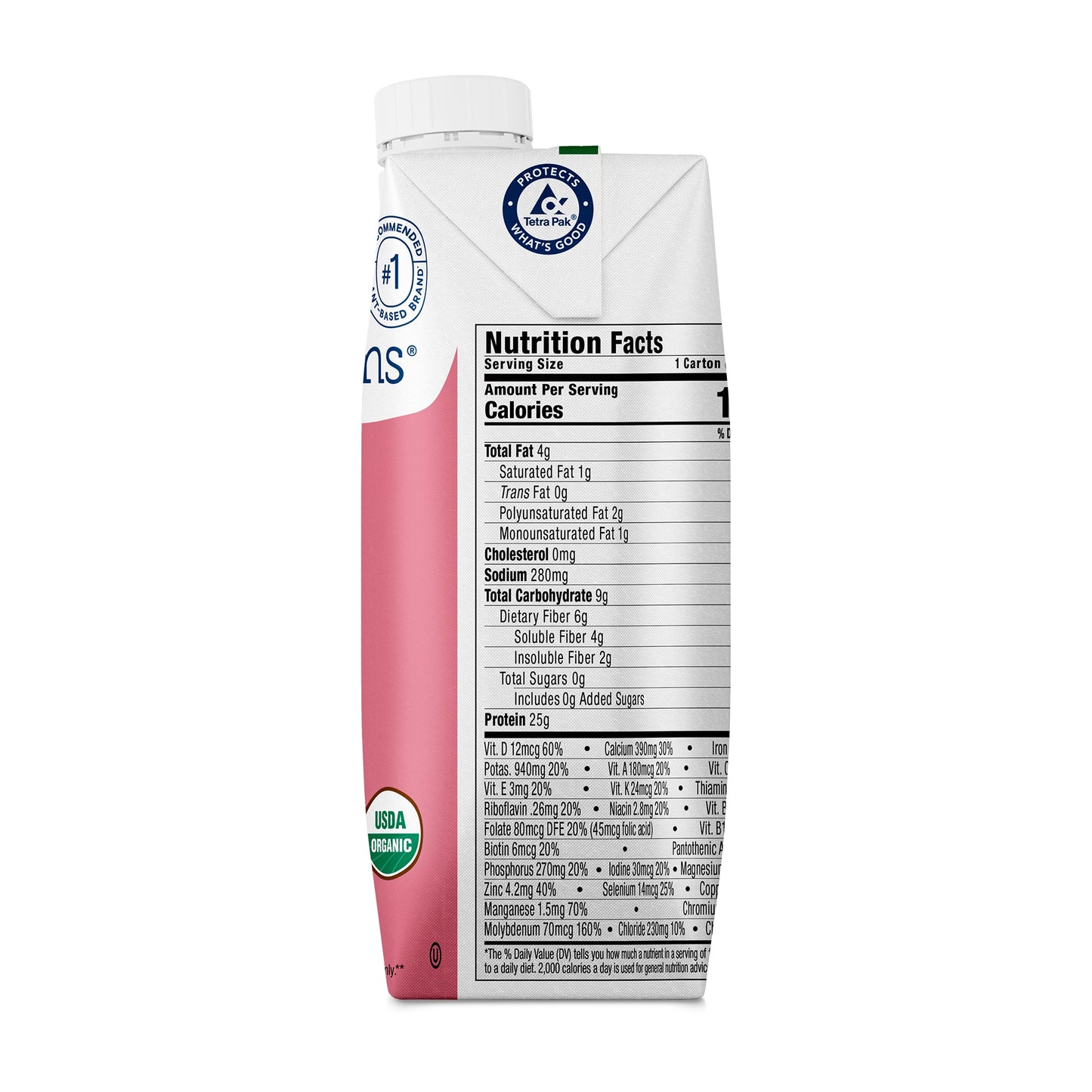 Nutrition facts label on a pink and white package with a blue logo.