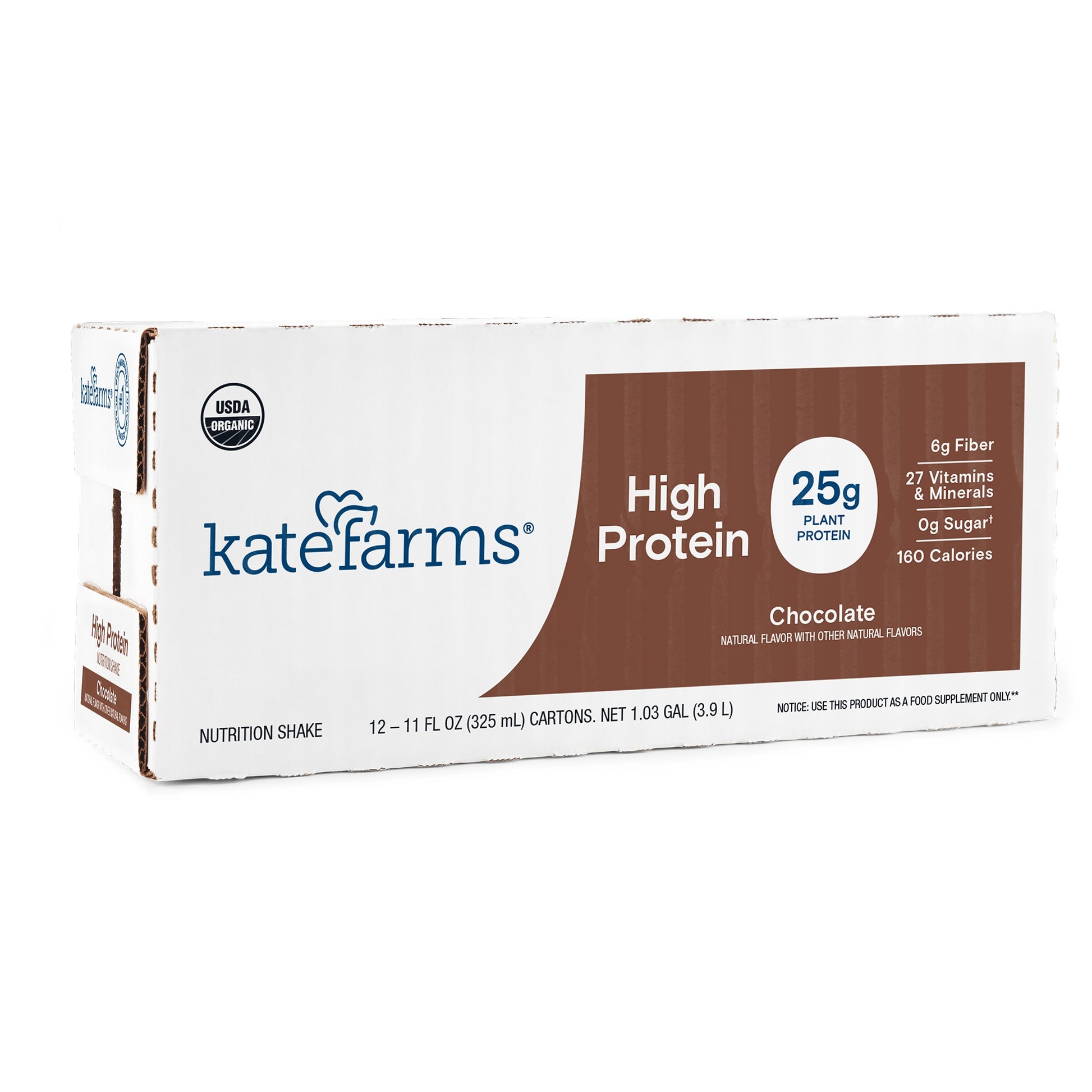 Box of Kate Farms High Protein Chocolate nutrition shake cartons on a white background
