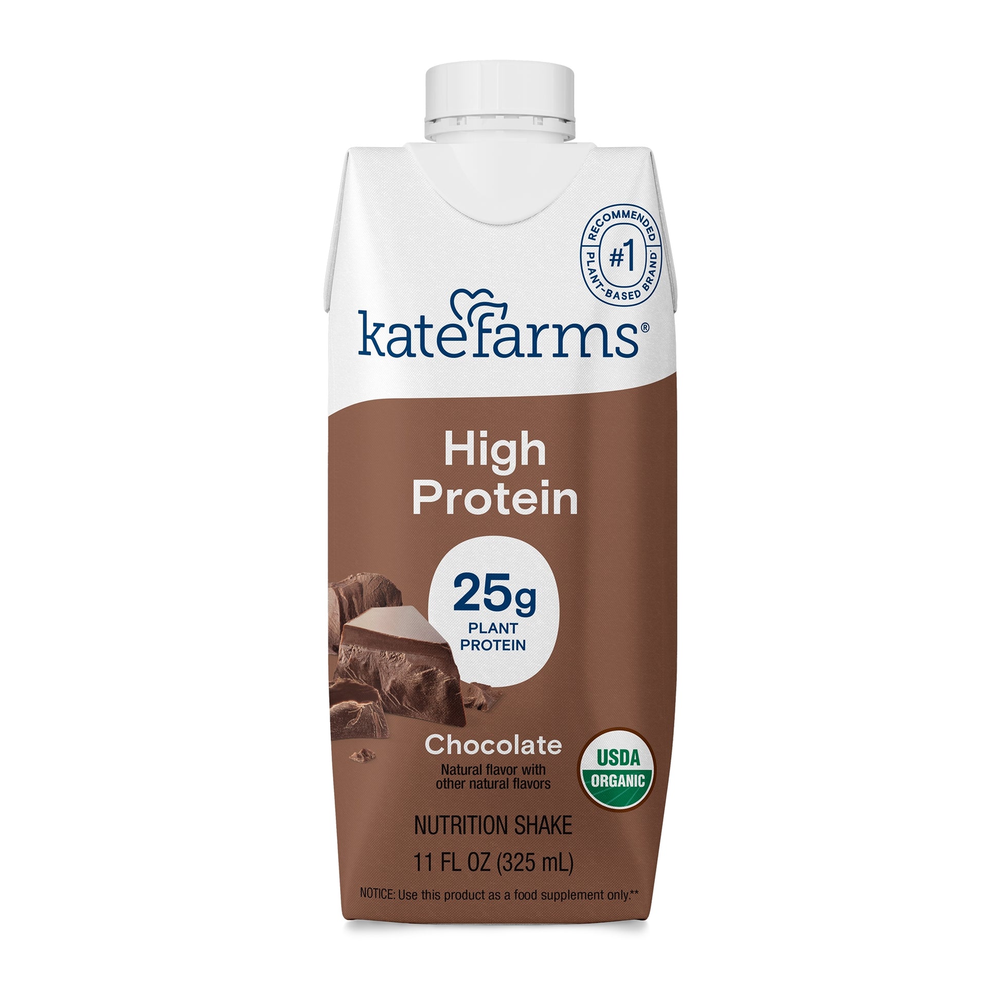 Kate Farms High Protein Chocolate shake container on a white background