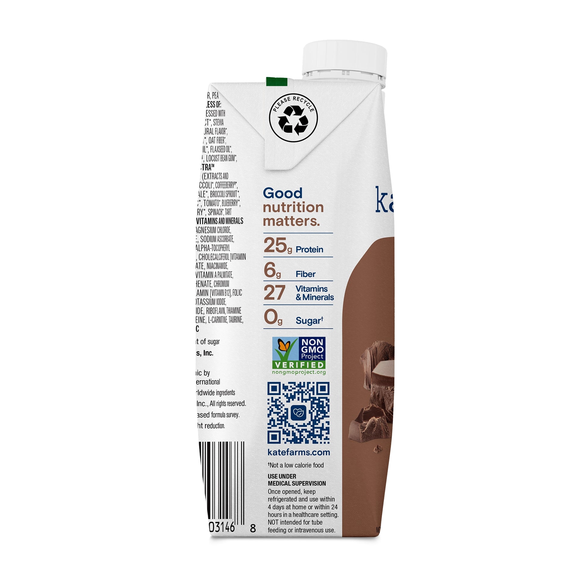 Kate Farms protein shake container with nutritional information on a white background