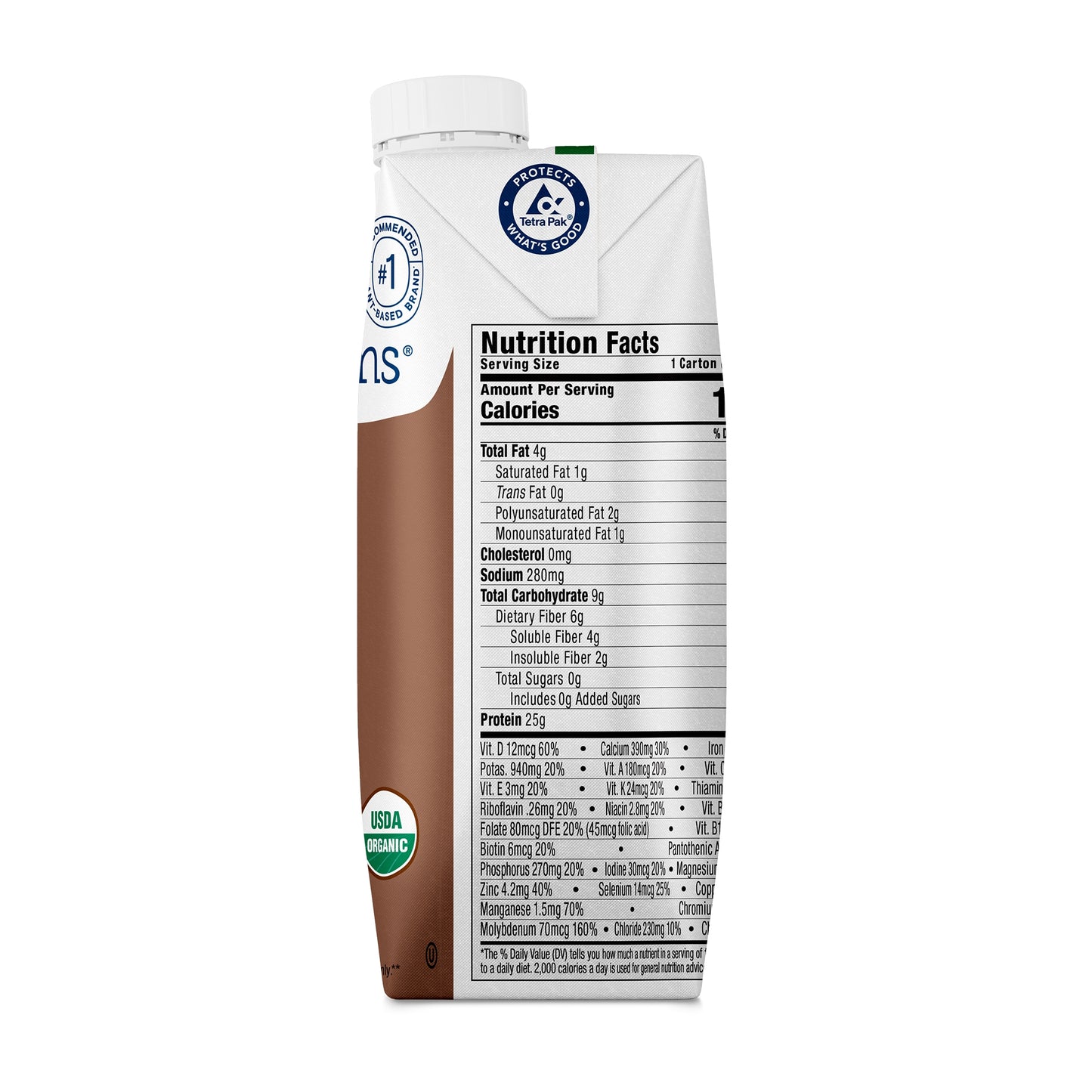 Carton of chocolate milk with nutrition facts label on a white background