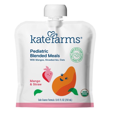 Kate Farms pediatric blended meal pouch with mango and strawberry design on a white background