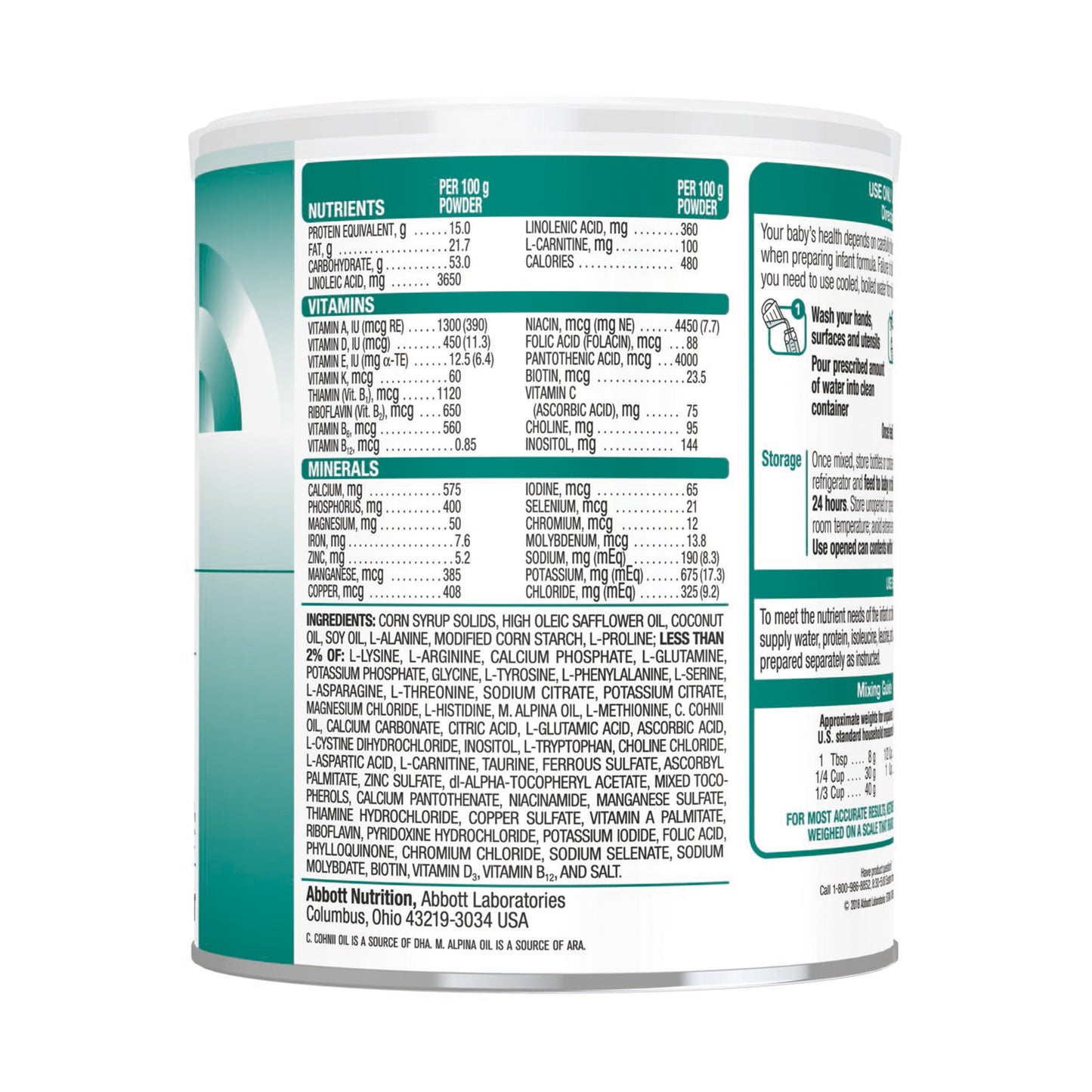 Nutritional label on a supplement container with detailed information.