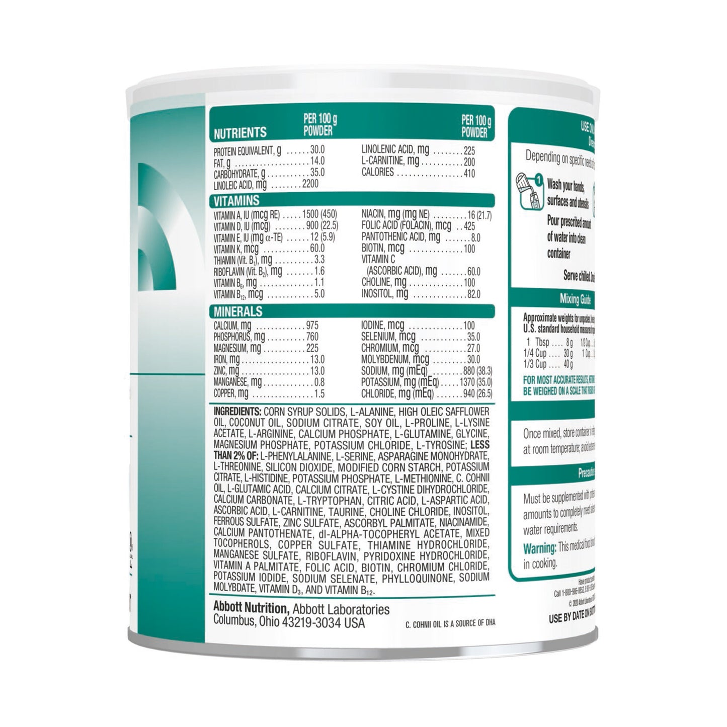 Nutritional label on a supplement container with detailed information.