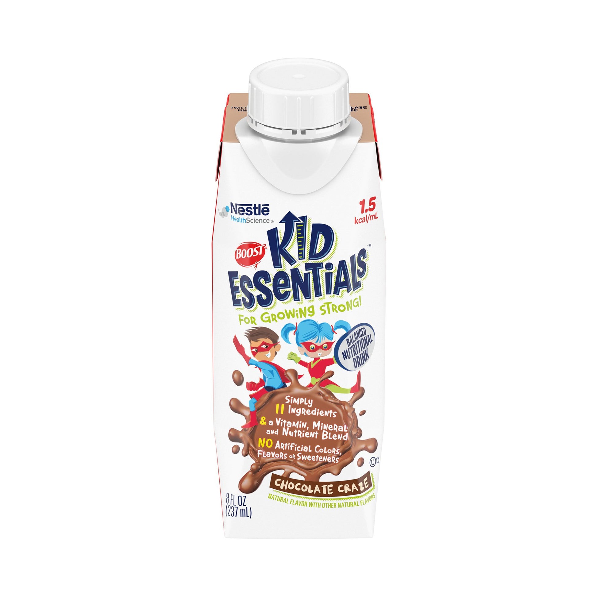 Nestle Kid Essentials chocolate flavor drink package on a white background