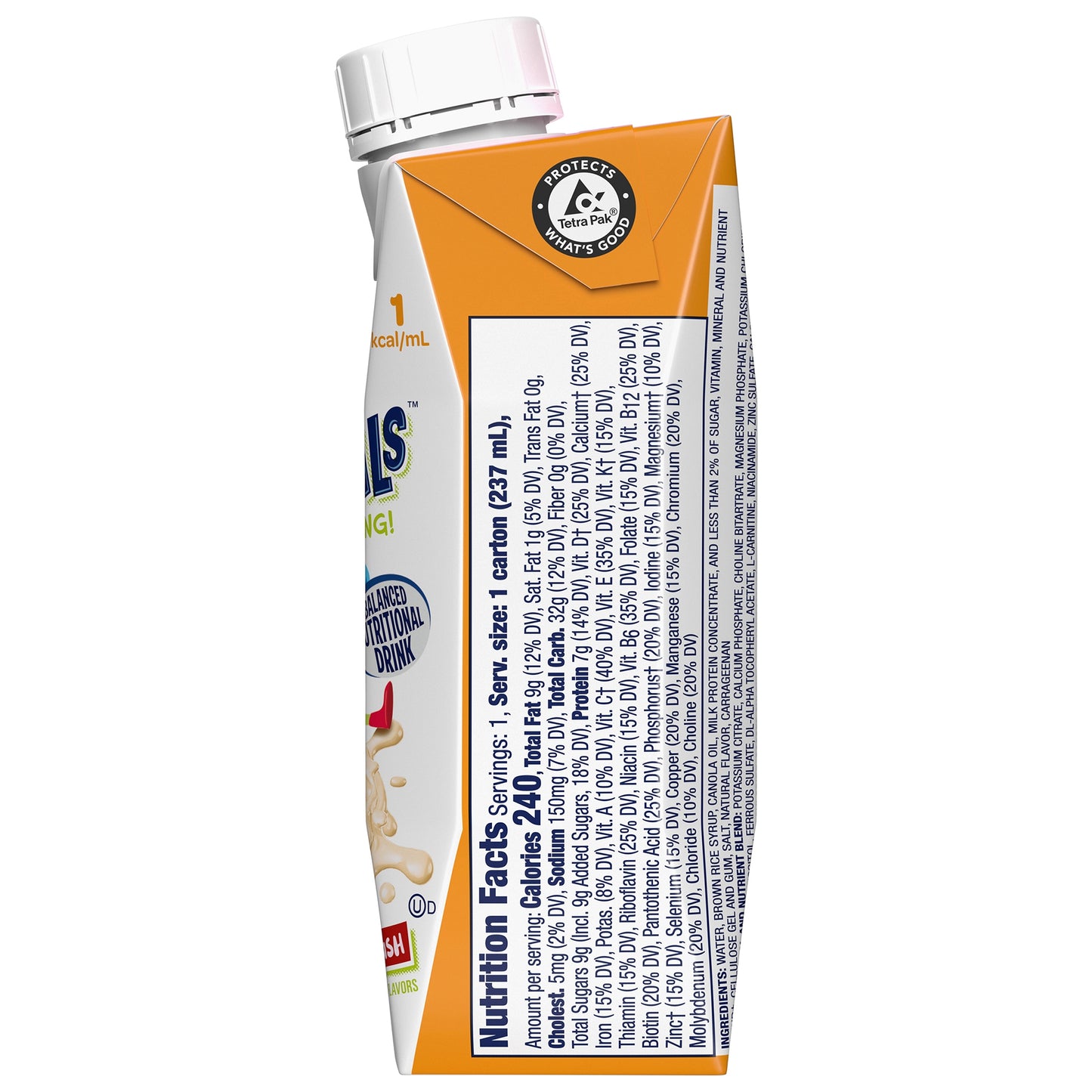 Nutrition facts label on a protein drink carton with orange and white design.