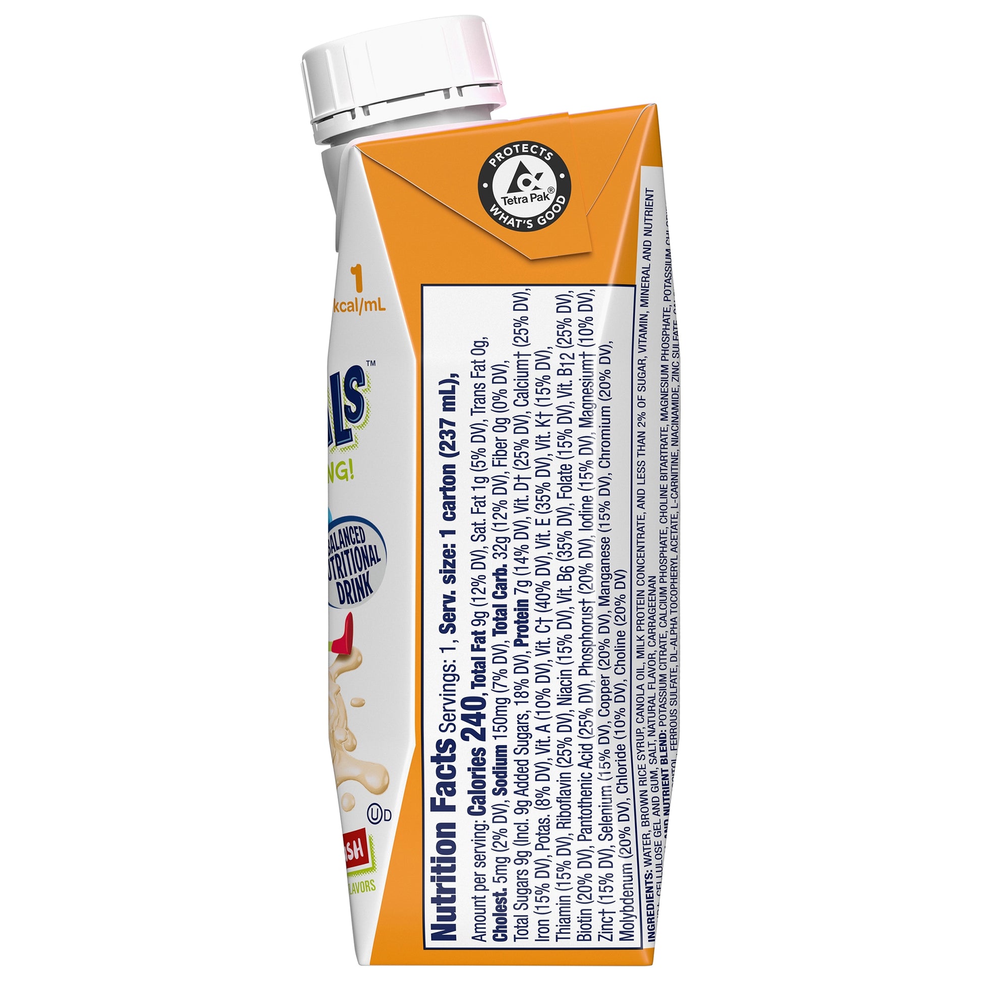 Nutrition facts label on a protein drink carton with orange and white design.
