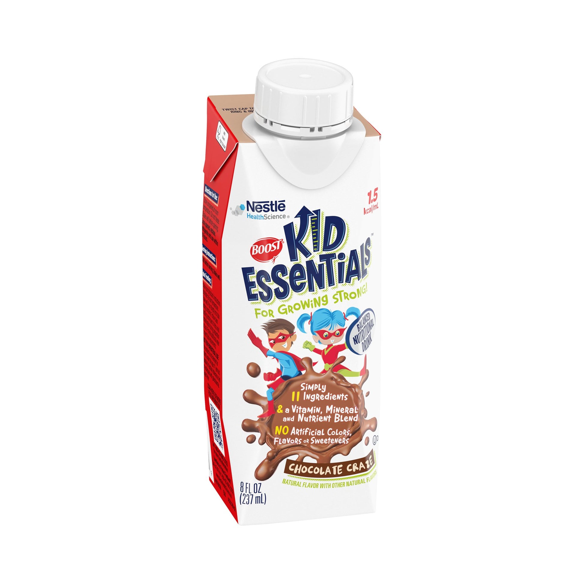 Nestle Kid Essentials chocolate flavor drink carton on a white background