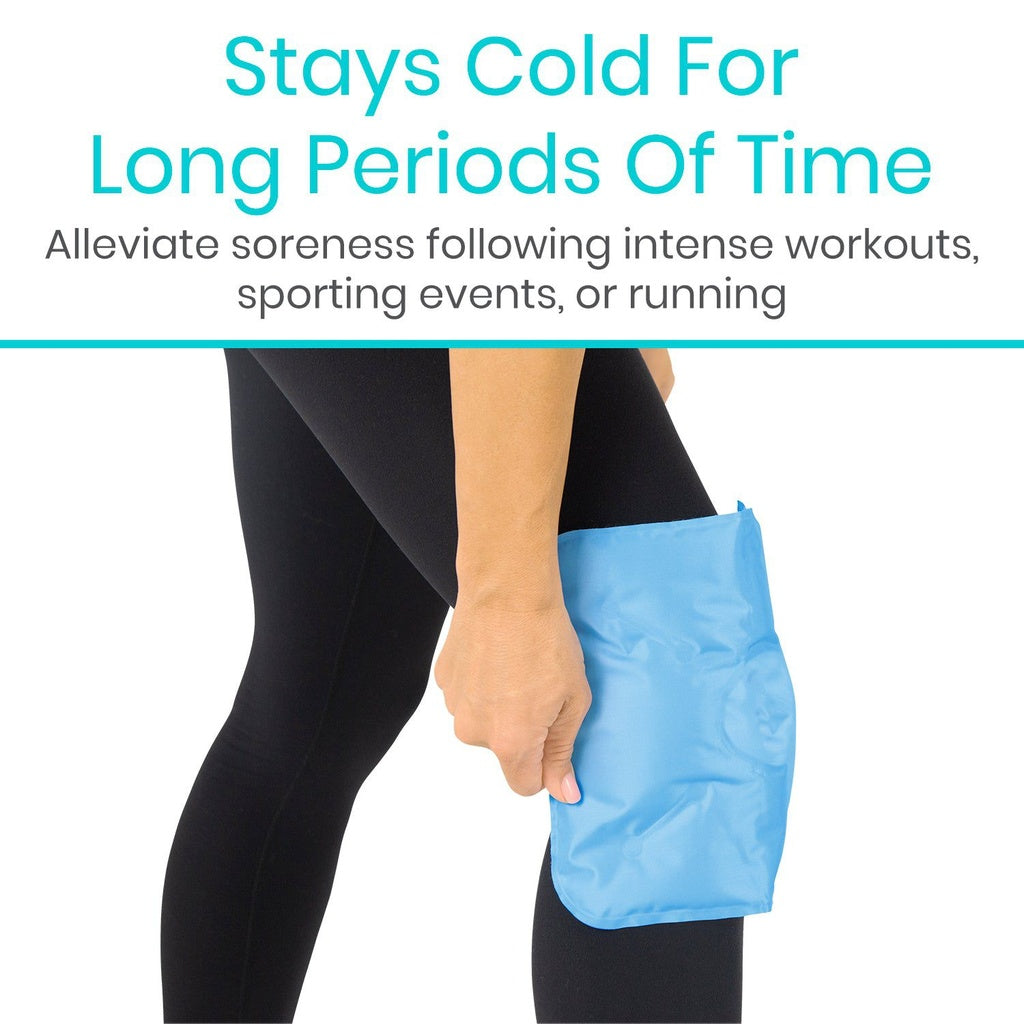 Person using a blue ice pack on their knee with text about its benefits for soreness relief after workouts.