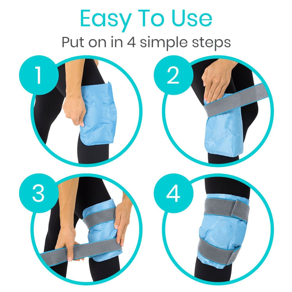 Step-by-step guide on how to put on knee pads with text 'Easy To Use Put on in 4 simple steps'.