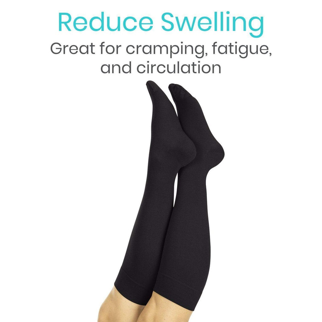 Black compression stockings with text on a white background