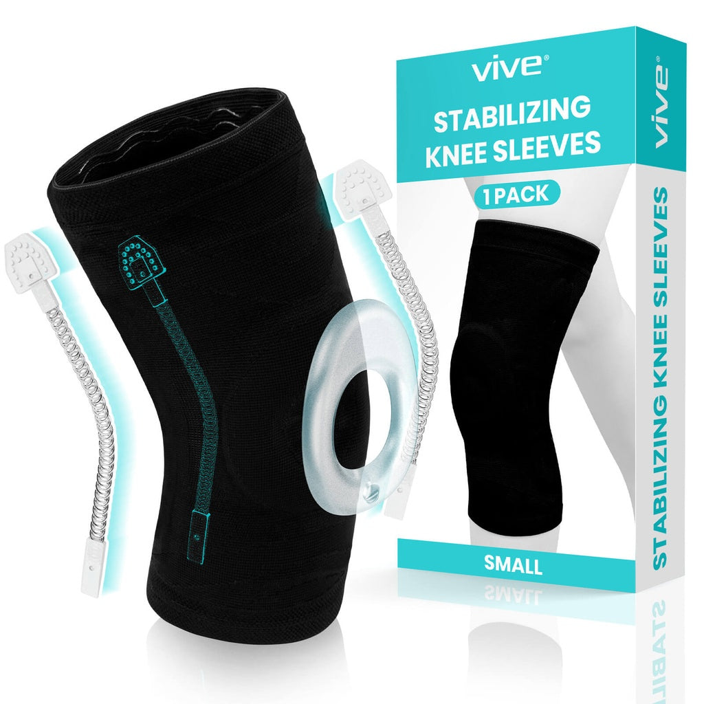Black stabilizing knee sleeve with packaging on a white background
