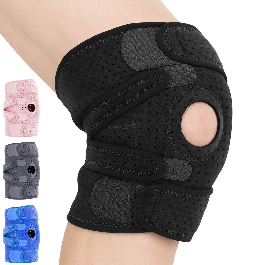 Black knee brace on a person's knee with additional color options displayed below.