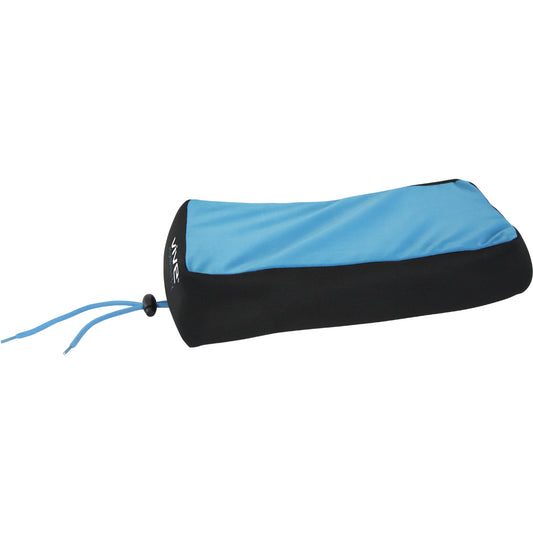 Blue and black cylindrical pillow with a rope on a white background
