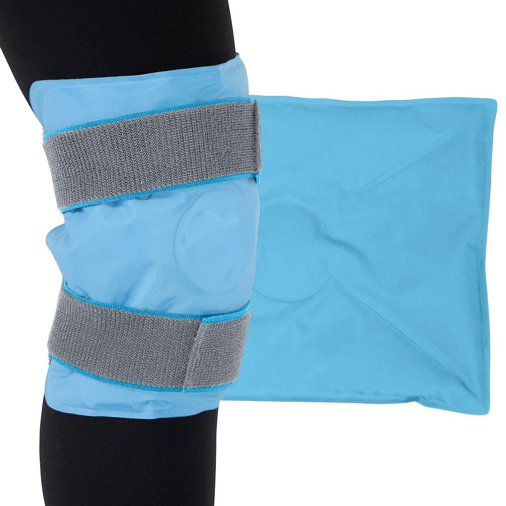 Blue knee brace with gray straps on a white background