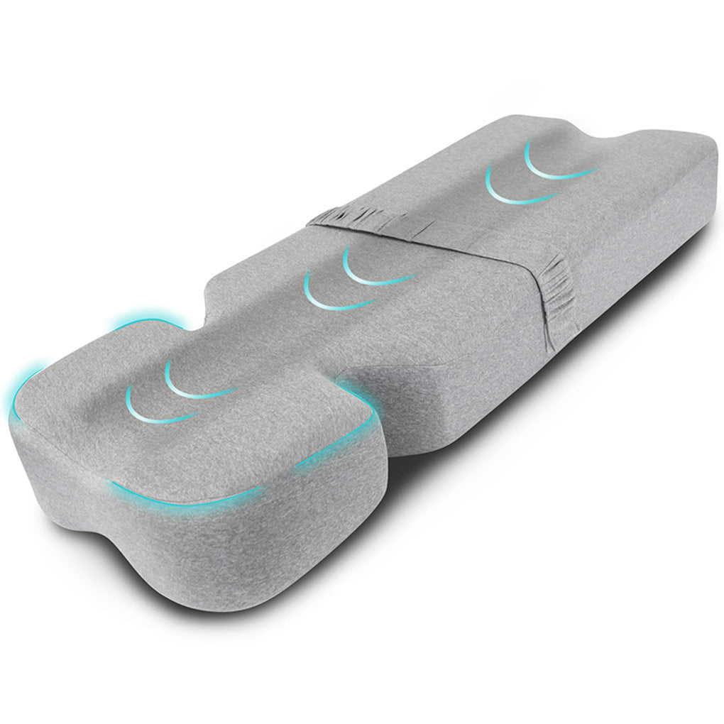 Gray cushion with blue accents on a white background