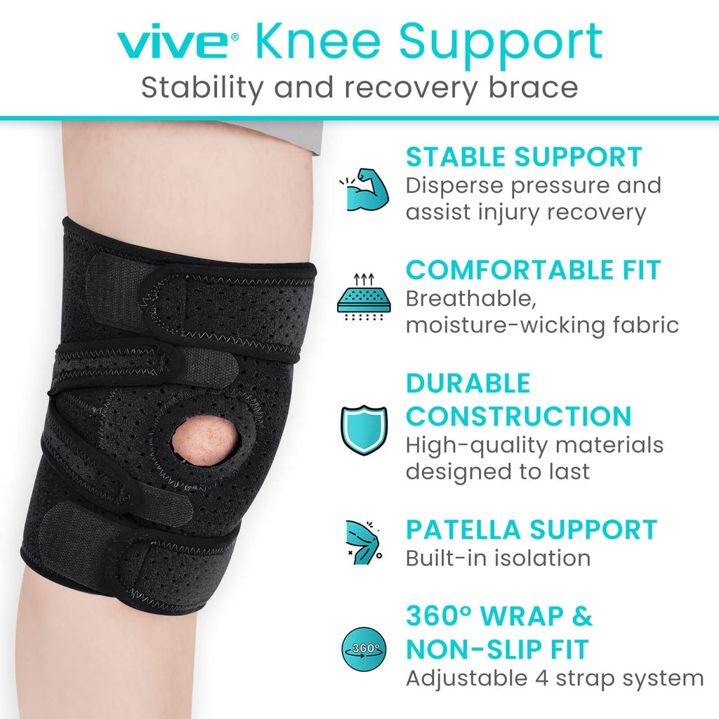 Knee support brace with features listed on a white background